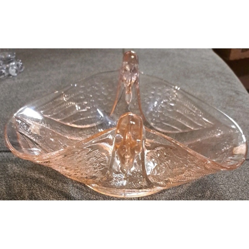 Vintage Fenton Pink Depression Glass Double Swan Handles Candy/Nut Dish